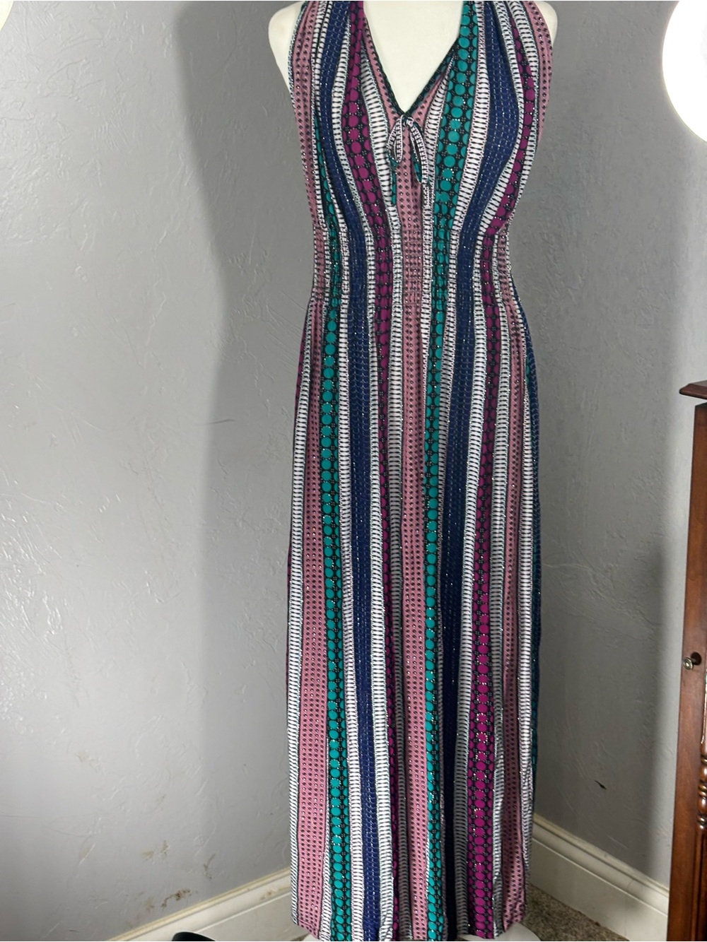 Striped Halter Maxi Dress in Teal, Navy & Magenta
